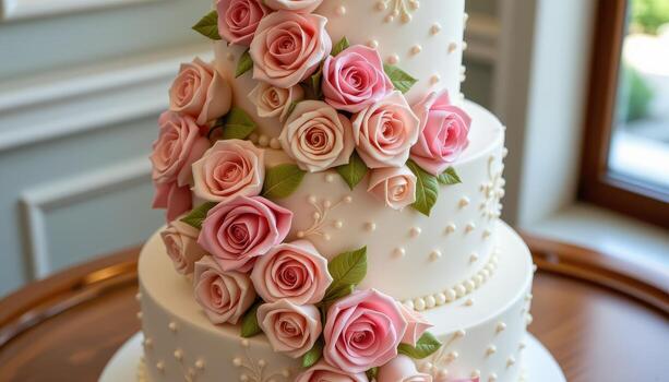 A luxurious four tier wedding cake featuring cascading sugar roses in soft pink and ivory, delicate lace patterns piped on each tier, tiny edible pearl accents, displayed on a polished wooden table. photo