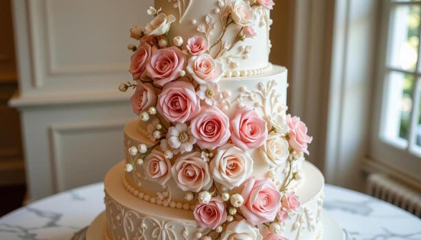 A multi tiered wedding cake adorned with cascading pink and ivory sugar roses, delicate piped lace patterns, pearl accents, and soft shimmer, displayed elegantly on a marble table with no life around. photo