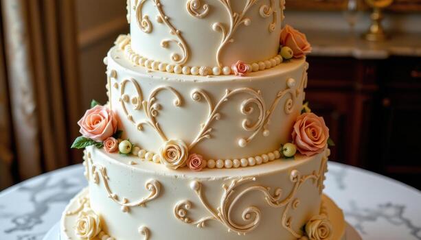 A tall, luxurious wedding cake with five smooth tiers, each decorated with hand crafted sugar roses, intricate piped scrollwork, and delicate pearl accents, displayed alone on a marble surface. photo