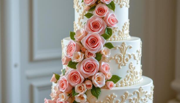 A luxurious four tier wedding cake with cascading sugar roses in soft pink and ivory, intricate piped lace patterns, pearl accents, and subtle shimmer dust, displayed elegantly in solitude. photo