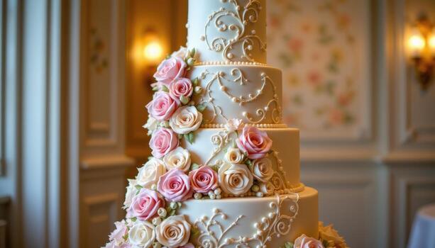 A luxurious six tier wedding cake with blush and ivory sugar roses cascading down each tier, intricate piped patterns, and edible pearls, standing alone under ambient light. photo