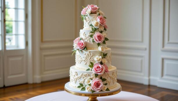 A multi tiered wedding cake featuring cascading sugar roses, delicate piped patterns, fondant lacework, and edible gold leaf, displayed elegantly in a softly lit empty room. photo