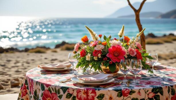 A bohemian floral table with patterned linen and tropical blooms, sea horizon shining beyond, no people, no animals. photo