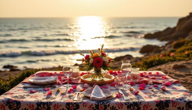A bohemian style table covered with patterned linens and scattered petals, facing the shimmering sea at dawn. photo