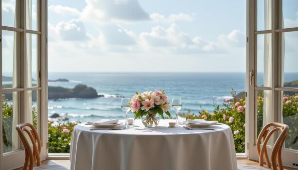 A minimal coastal table with delicate blooms and ocean horizon under soft clouds. photo
