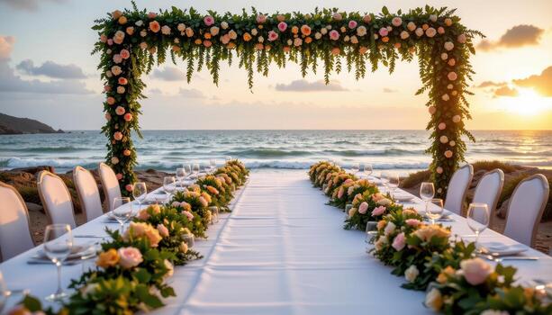 A long white table lined with cascading garlands of roses and greenery, facing the ocean's edge under glowing evening light, no people, no animals. photo