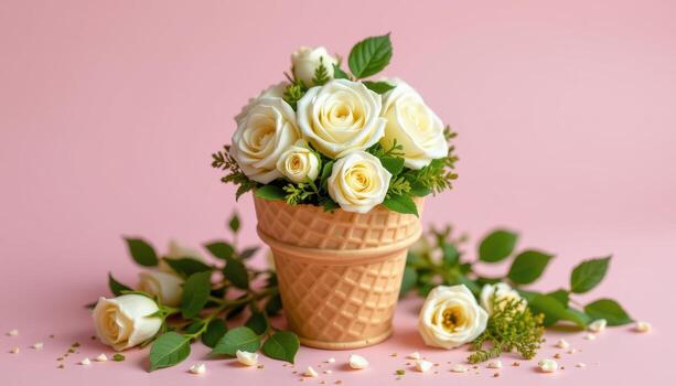 A delicate ice cream cone filled with white roses and greenery, photographed under diffused light on a pastel backdrop, no people, no animals. photo