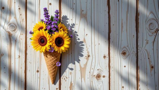 A creative floral ice cream cone featuring sunflowers and lavender, placed on a wooden background with soft shadow play, no people, no animals. photo
