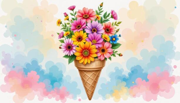 A colorful mix of garden flowers arranged in an ice cream cone, surrounded by pastel clouds of watercolor texture, no people, no animals. photo