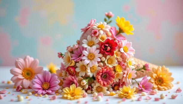 un todavía vida de un hielo crema cono desbordante con flores, pastel color paleta y amable reflejos, No gente, No animales foto