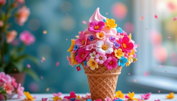 un caprichoso hielo crema cono desbordante con vistoso flores, suave difuminar y brillante fondo, No gente, No animales foto