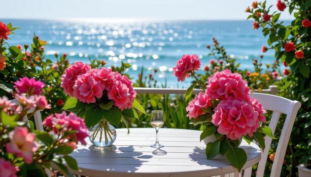 A garden inspired seaside table with bright hydrangeas and greenery, framed by the sparkling blue ocean beyond, no people, no animals. photo