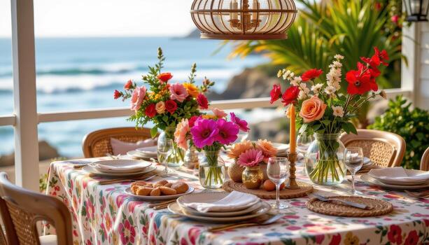 A bohemian seaside dining table with vivid flowers, patterned linens, and ocean breeze. photo