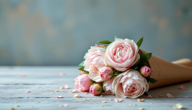 un delicado ramo de flores de peonías en un cono, en un suave degradado antecedentes con difundido Encendiendo, No gente, No animales foto
