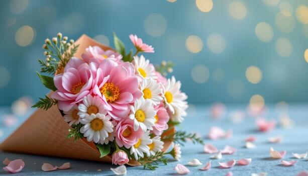 A pastel bouquet of peonies and daisies placed inside a cone, surrounded by delicate sparkles and bokeh light, no people, no animals. photo