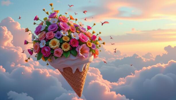A surreal floating ice cream cone bursting with flowers against a gradient sky, no people, no animals. photo