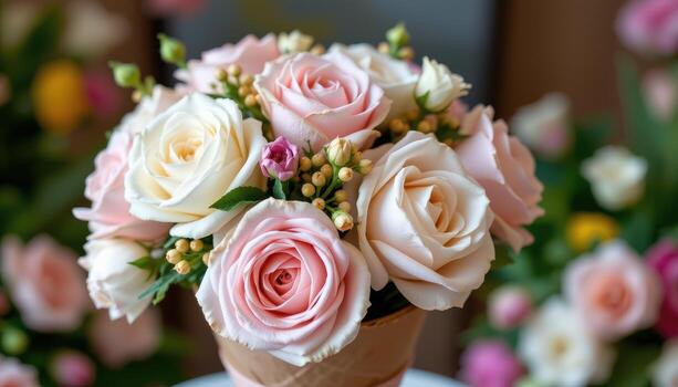 A soft pastel bouquet of roses and peonies placed in a cone, surrounded by bokeh, no people, no animals. photo