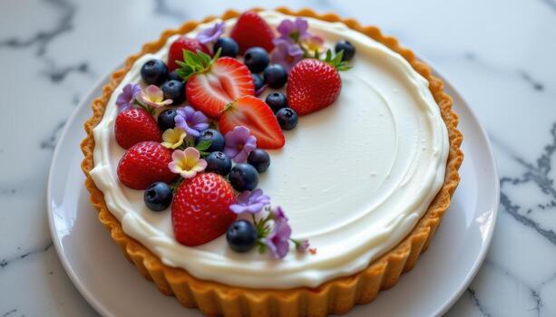 An elegant tart topped with piped cream, strawberries, blueberries, and tiny edible flowers arranged in a symmetrical pattern, no people, no animals. photo
