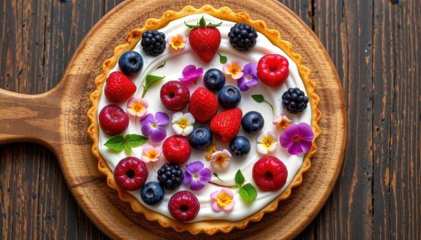 A gourmet tart on a wooden board with golden crust, smooth cream, berries, and edible flowers arranged in a visually striking pattern, no people, no animals. photo