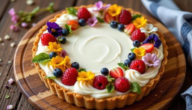 A vibrant tart with piped cream, fresh berries, and small edible flowers arranged in a symmetrical pattern on a wooden board, no people, no animals. photo