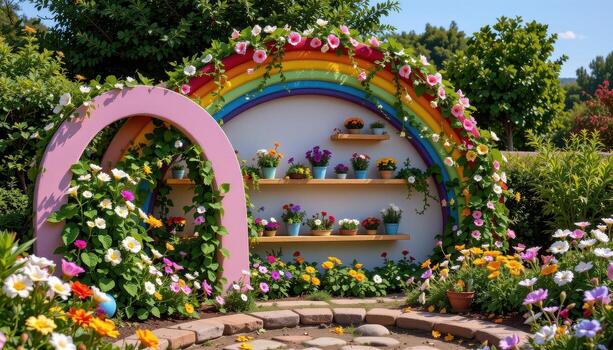 A whimsical garden setup with rainbow shelves stacked with colorful flowers and trailing vines in full bloom, no people, no animals. photo