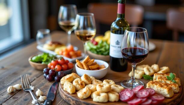 A lavish wine tasting platter with complementary snacks. photo