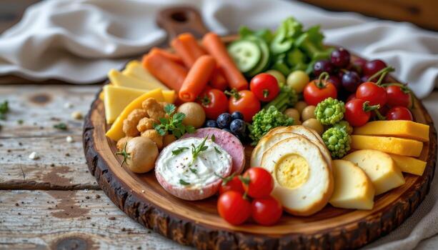 A rustic picnic appetizer board with natural tones and textures. photo