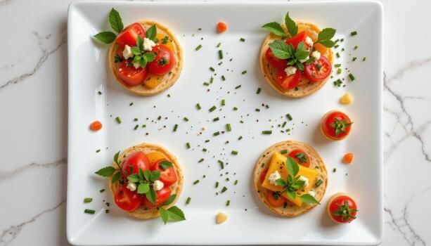 A geometric layout of colorful appetizers on a square plate. photo