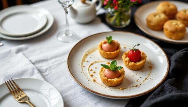 A chic monochrome tabletop featuring elegant small bites. photo