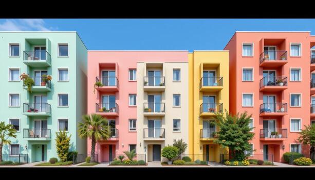 Pastel apartment blocks with geometric balcony shapes and entrances. photo
