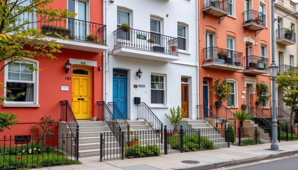 Modern apartment blocks with colorful doors and railings. photo
