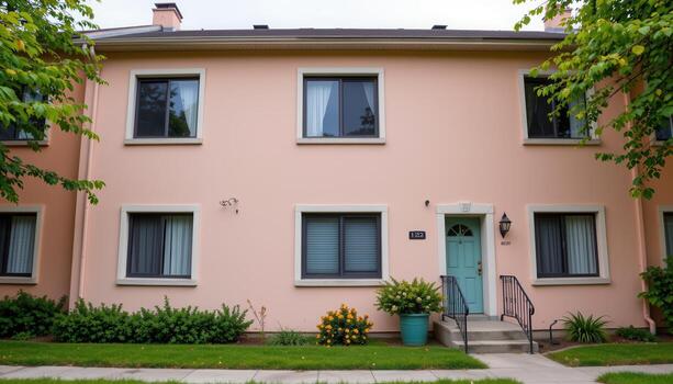 Pastel apartment row with symmetrical window and door placement. photo