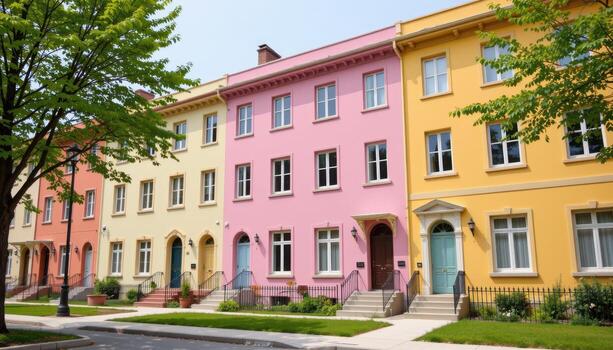 Pastel apartment blocks lined up with large windows and doors. photo