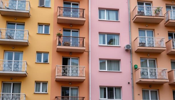 Pastel apartment blocks with geometric balcony railings. photo