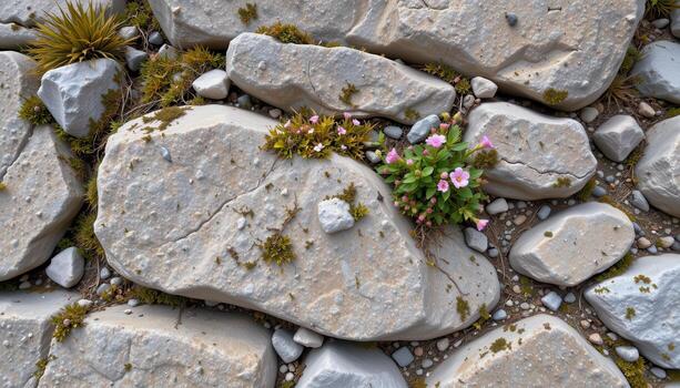 Rugged stone face with lichen patches and tiny blooms. photo