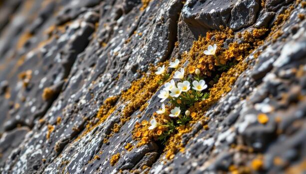 Jagged crag with delicate blooms emerging from lichen patches. photo