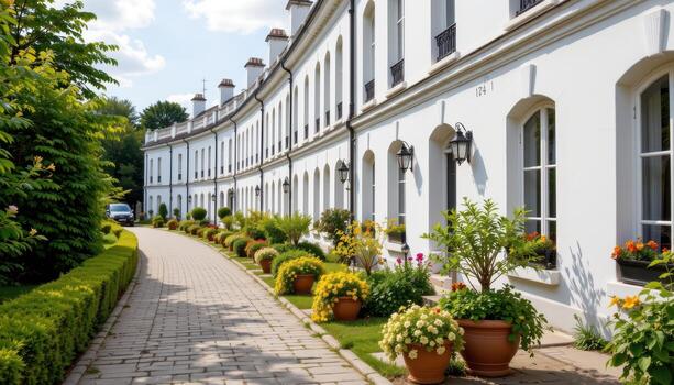 Row of classical white buildings with greenery in pots lining the stone walk. photo