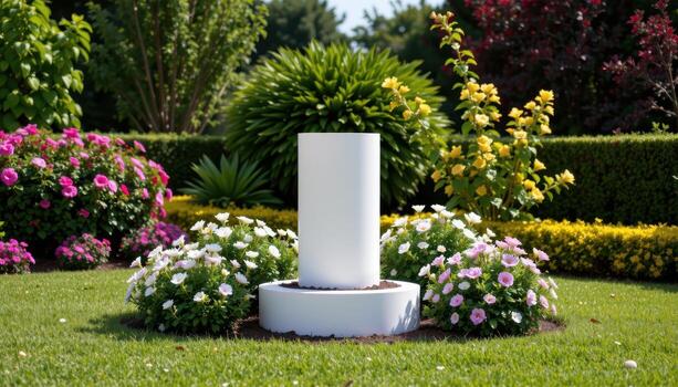 A white cylindrical base with flowering shrubs and trees around it. photo