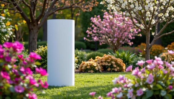 A cylindrical white base standing in a garden with trees and blossoms. photo