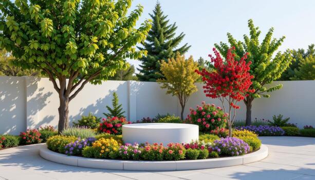 A white cylindrical base surrounded by leafy trees and colorful blooms. photo