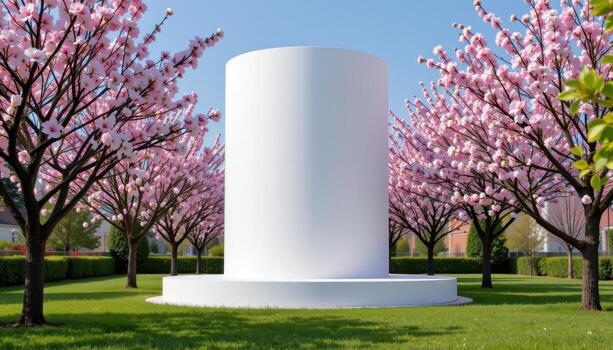 A white cylinder with trees and blossoms surrounding its base. photo
