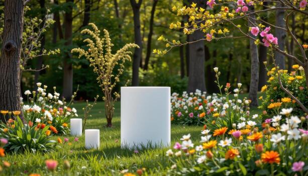 A white cylinder standing in a clearing surrounded by trees and blooms. photo