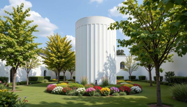 A white cylinder standing tall with flowers and trees around its base. photo
