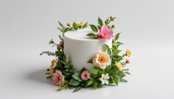 A smooth white cylinder with greenery and flowers encircling it. photo