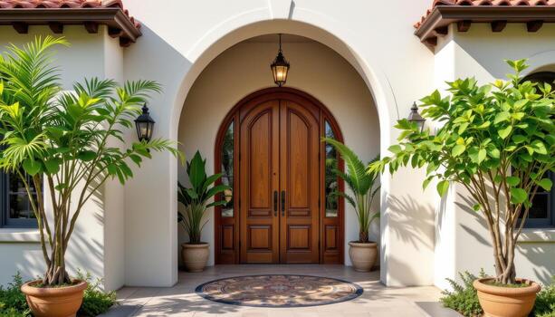 A tropical arched entryway with a grand wooden door, large trees in pots on both sides, and a rug in the middle. photo