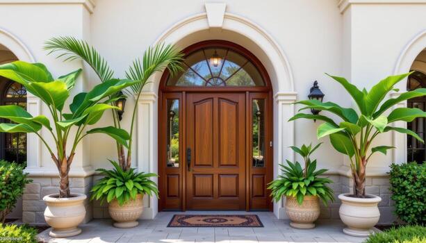 A tropical arched entrance with a luxurious wooden door, large trees in pots on both sides, and a doormat in the center. photo
