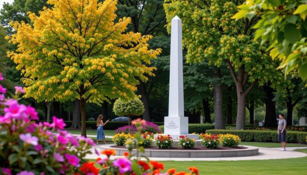 A white cylindrical monument standing in a colorful park of trees and blooms. photo