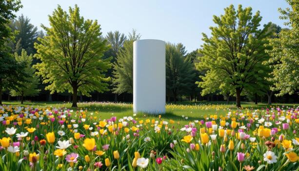 A white cylinder rising from a meadow of trees and blooms. photo