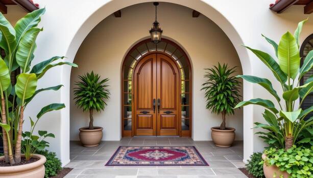 A tropical arched entryway with a grand wooden door, large trees in pots on both sides, and a rug in the center. photo