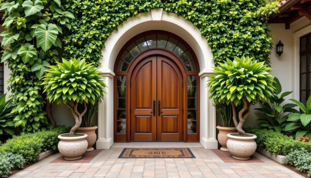 A curved tropical archway with a luxurious wooden door, symmetrical side trees in pots, and a floor mat. photo